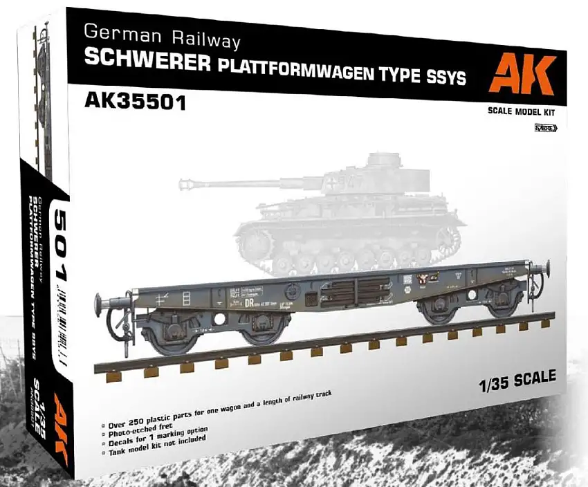 German Railway Schwerer Plattformwagen Type SSYS Flat Car w/Track Section (Plastic Kit) 1/35 AK Interactive