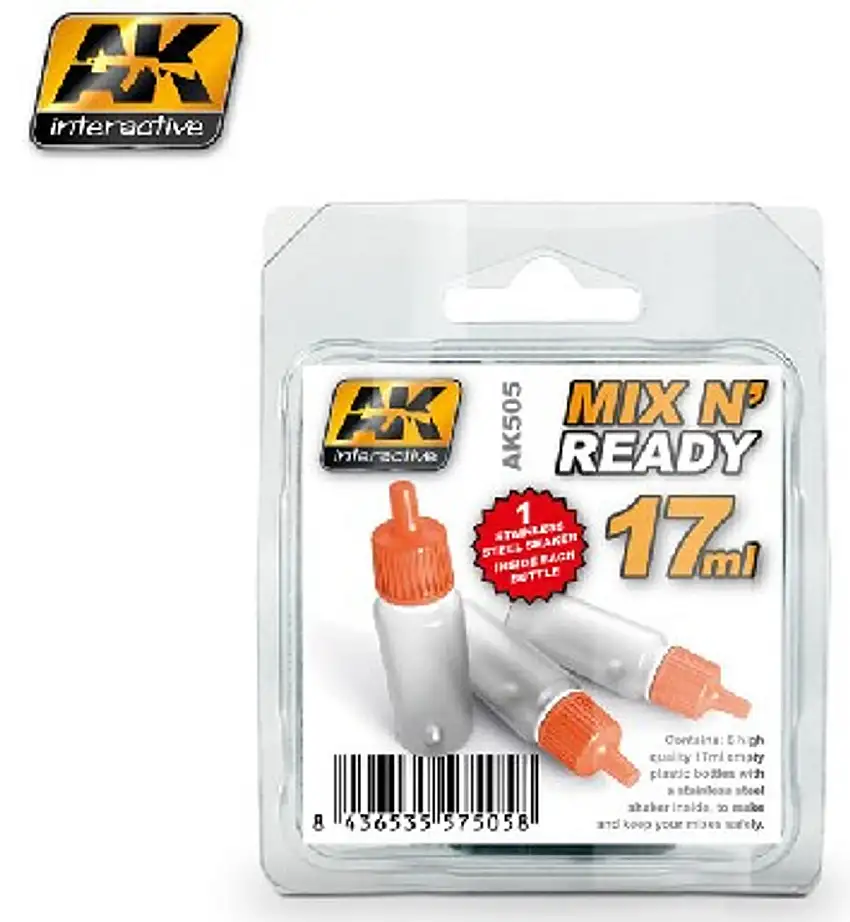 Mix N' Ready 17ml Empty Bottles w/Stainless Steel Shaker Ball (6/Pk) AK Interactive