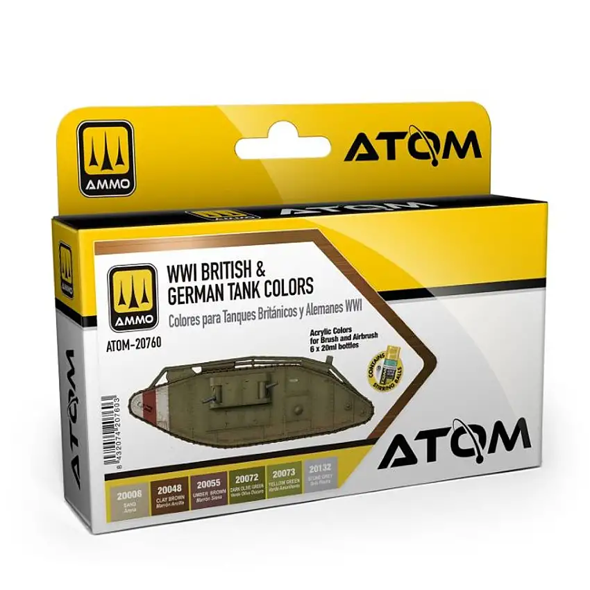 Atom: WWI British & German Tank Acrylic Paint Set (6 Colors) 20ml Bottles AMMO by Mig Jimenez