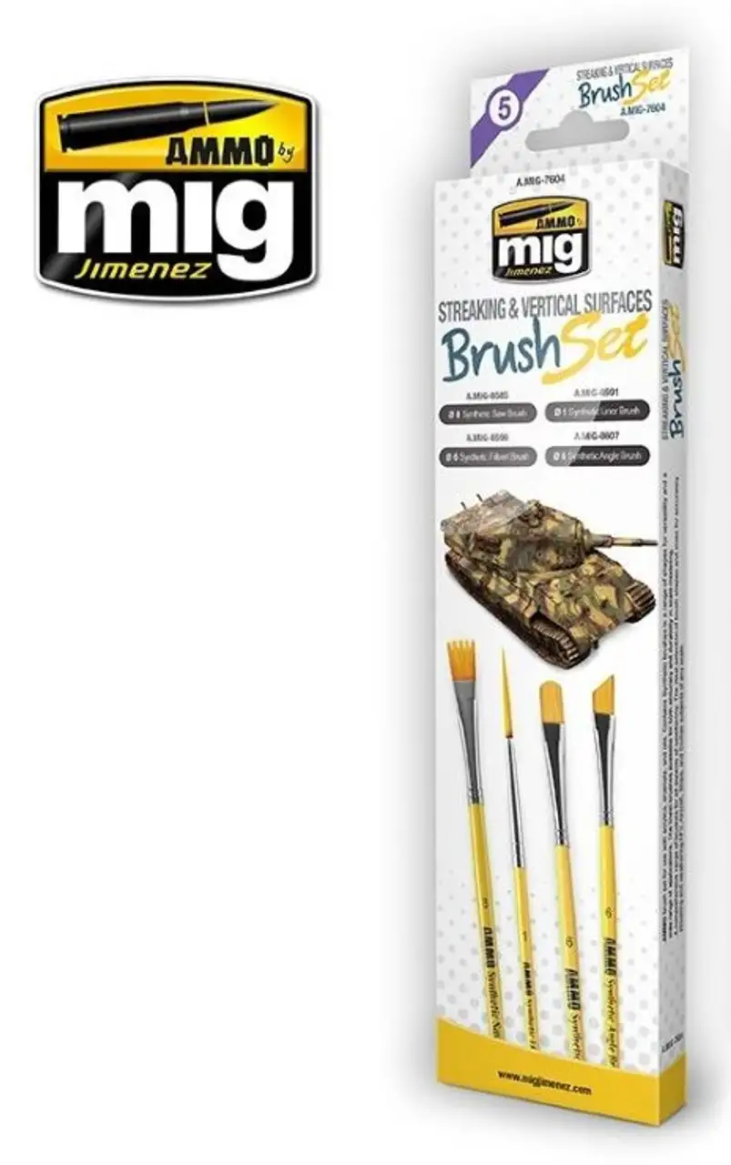 Streaking & Vertical Surfaces Brush Set: Synthetic Angle, Saw, Filbert, Liner AMMO by Mig Jimenez