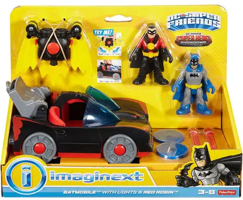 Fisher Price DC Super Friends Imaginext Super Hero Showdown Batmobile with Lights & Red Robin Exclusive 3-Inch Figure Set