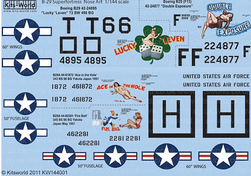 Warbird Decals Kits World 144001 1/144 B29 Lucky Leven, Double Exposure, Ace in the Hole & Fire Ball Yokota Japan 1951
