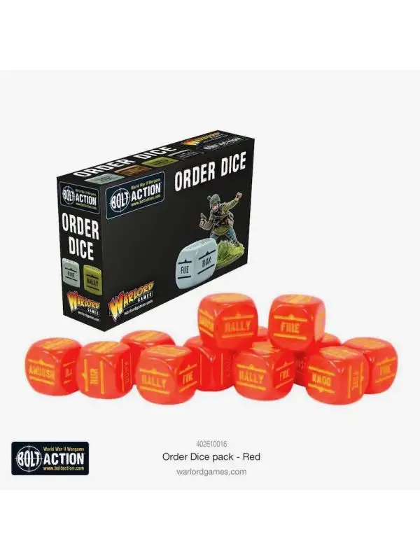 Bolt Action Orders Dice Pack with Red Dice and Decals for Miniatures Game