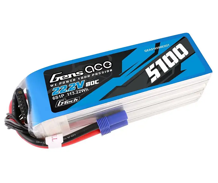 Gens Ace 22.2V 80C 6S 5100mah Lipo Battery Pack With EC5 Plug