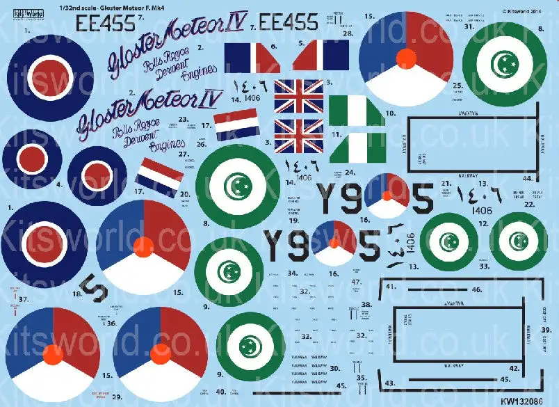 Warbird Decals Kits World 132086 1/32 Gloster Meteor F4 The Yellow Peril or Forever Amber, Royal Netherlands AF, Royal Egyptian AF for HKM (D)