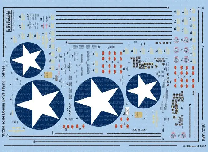 Warbird Decals 172187 1/72 B17F Blue Outlined Stars, Stenciling, National Insign