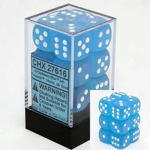 Chessex 16mm d6 Set: Frosted Caribbean Blue w/White (12)