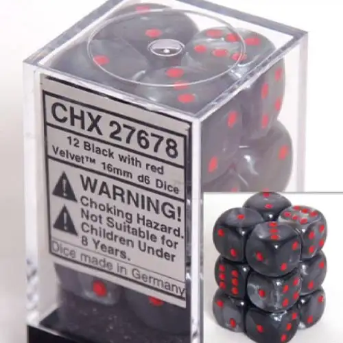 Chessex 16mm d6 Set: Velvet Black w/Red (12)