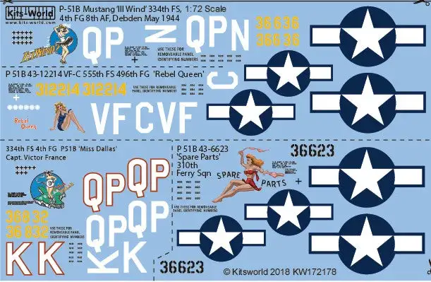 Warbird Decals 172178 1/72 P51B Ill Wind, Rebel Queen, Miss Dallas, Spare Parts