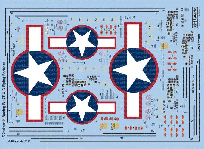 Warbird Decals Kits World 172189 1/72 B17F/G Red Outlined Stars & Bars, Stenciling, National Insignia, Cockpit Instrumentation & Walkways, etc