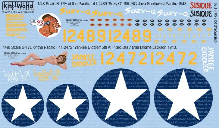 Warbird Decals Kits World 148179 1/48 B17E of the Pacific Suzy Q', Yankee Diddler