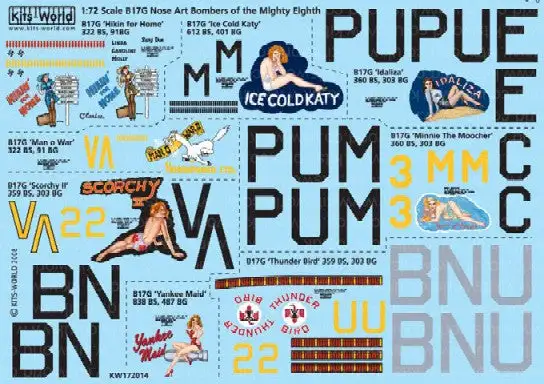 Warbird Decals Kits World 172014 1/72 B17Gs Mighty 8th AF Scorchy II, Mini the Moocher, Yankee Maid, Thunder Bird