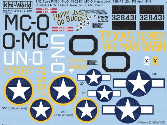 Warbird Decals Kits World 132032 1/32 P38 Happy Jacks Go Buggy, Texas Terror/Mad Dash
