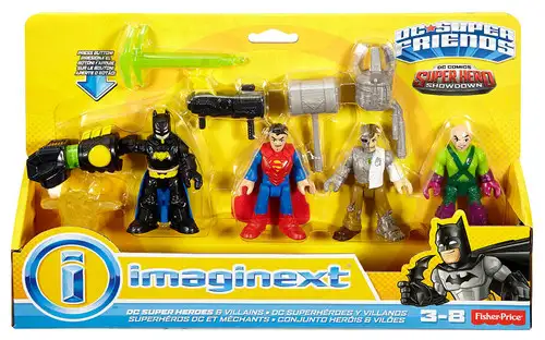 Fisher Price DC Super Friends Imaginext Super Hero Showdown Batman, Superman, Metallo & Lex Luthor 3-Inch Figure 4-Pack