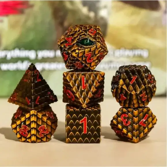 Galactic Dice Premium Dice Sets - Golden Dragon Set of 7 Metal Dice with Tin