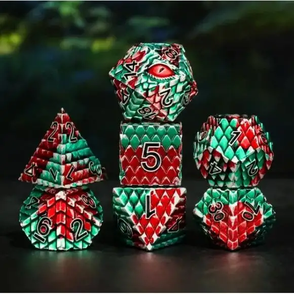 Galactic Dice Premium Dice Sets - Green & Red Dragon Set of 7 Metal Dice with Tin