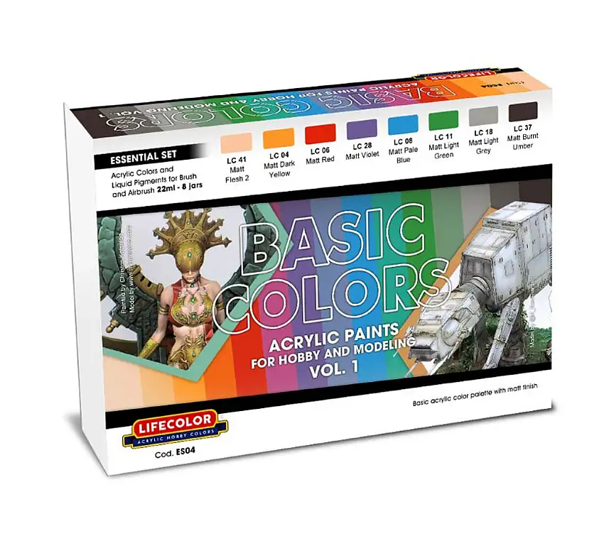 Essential Basic Colors for Hobby & Modeling Vol. 1 Acrylic Set (8 22ml Bottles) Lifecolor