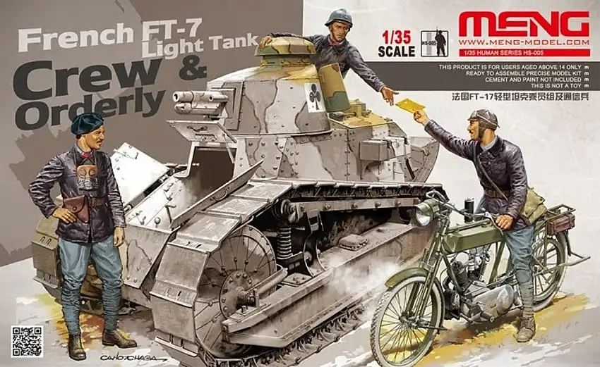 French FT-17 Light Tank Crew & Orderly Figure Set (3 Figures & Motorcycle) 1/35 Meng Models