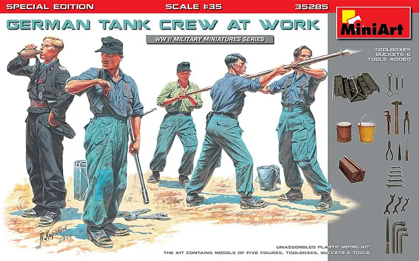 WWII German Tank Crew at Work (5) w/Tools & Boxes (Special Edition) 1/35 Miniart Models