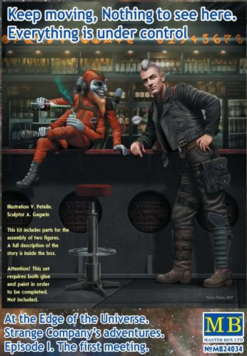 At the Edge of the Universe: Galactic Sheriff Leaning on Bar & Four-Armed Joker Creature Sitting on Bar Section 1/24 Master Box Models
