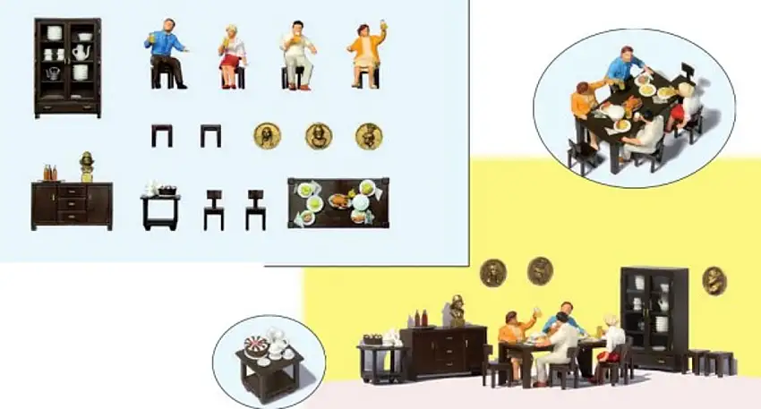 Dining Room Furniture w/Family HO Scale Preiser Models