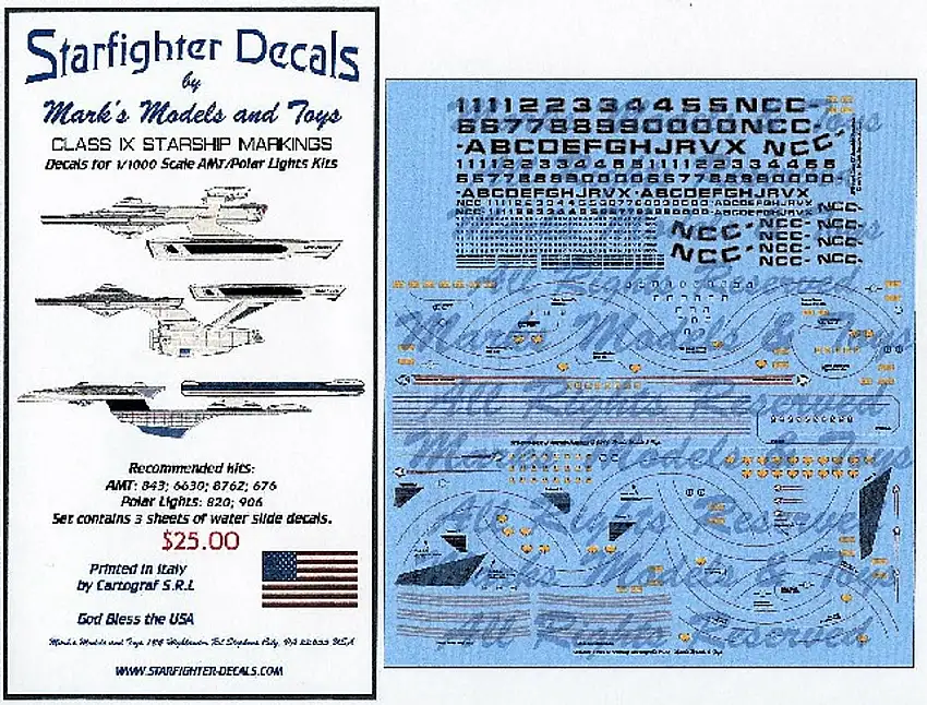 Star Trek Class IX Starships (Enterprise, Excelsior, Reliant) for AMT & PLL 1/1000 Starfighter Decals
