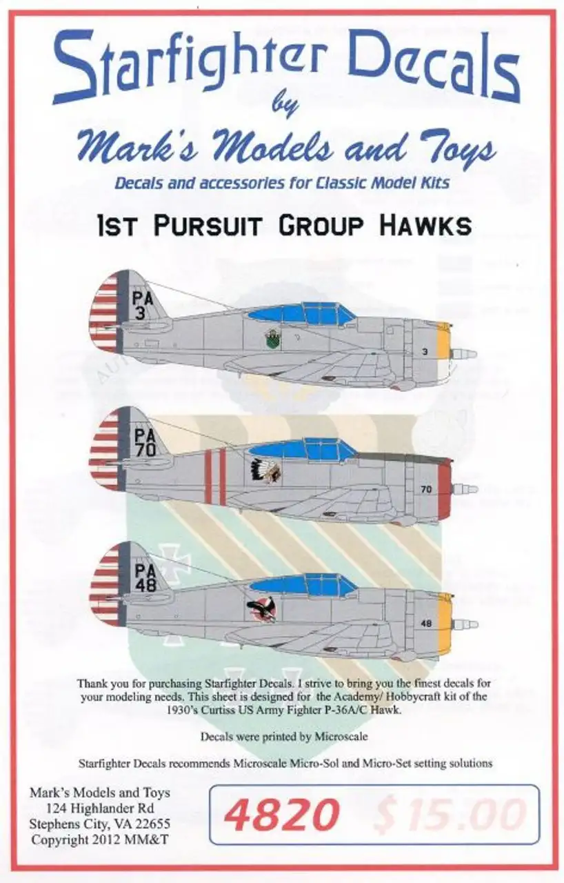 1st Pursuit Group US Army Fighter P-36A/C Hawks for ACY 1/48 Starfighter Decals