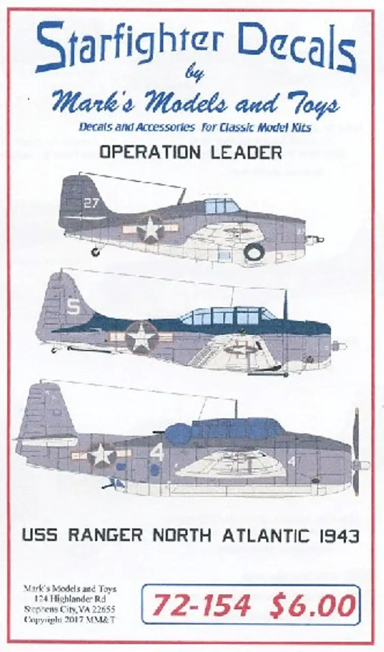 Operation Leader USS Ranger North Atlantic 1943 1/72 Starfighter Decals