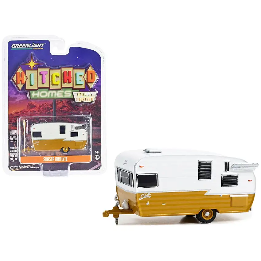 Shasta Airflyte Travel Trailer Butterscotch and White "Hitched Homes" Series 14 1/64 Diecast Model by Greenlight
