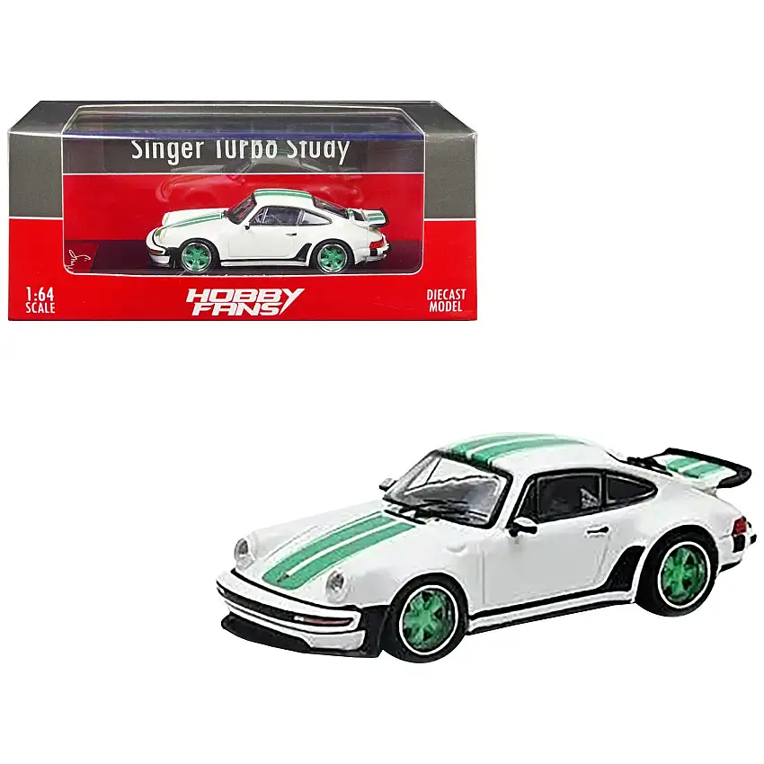 Singer Turbo Study White with Green Stripes and Wheels 1/64 Diecast Model Car by Hobby Fans