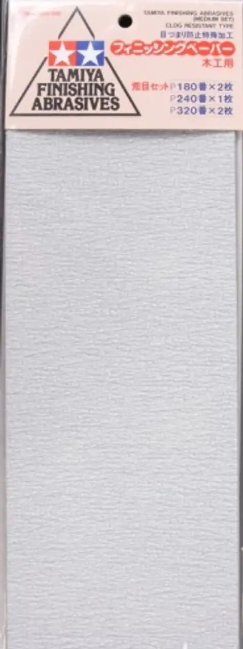 Finishing Abrasives Medium Pack: P180, P240, P320 (5 Sheets) Tamiya