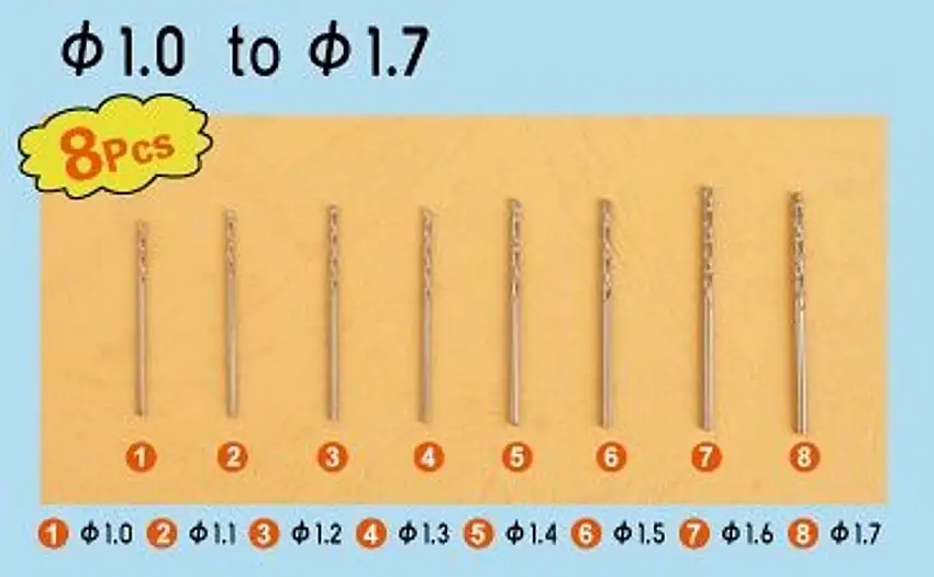 Twist Drilling Auger Bit Set #2 (8pcs): 1.0mm-1.7mm Trumpeter
