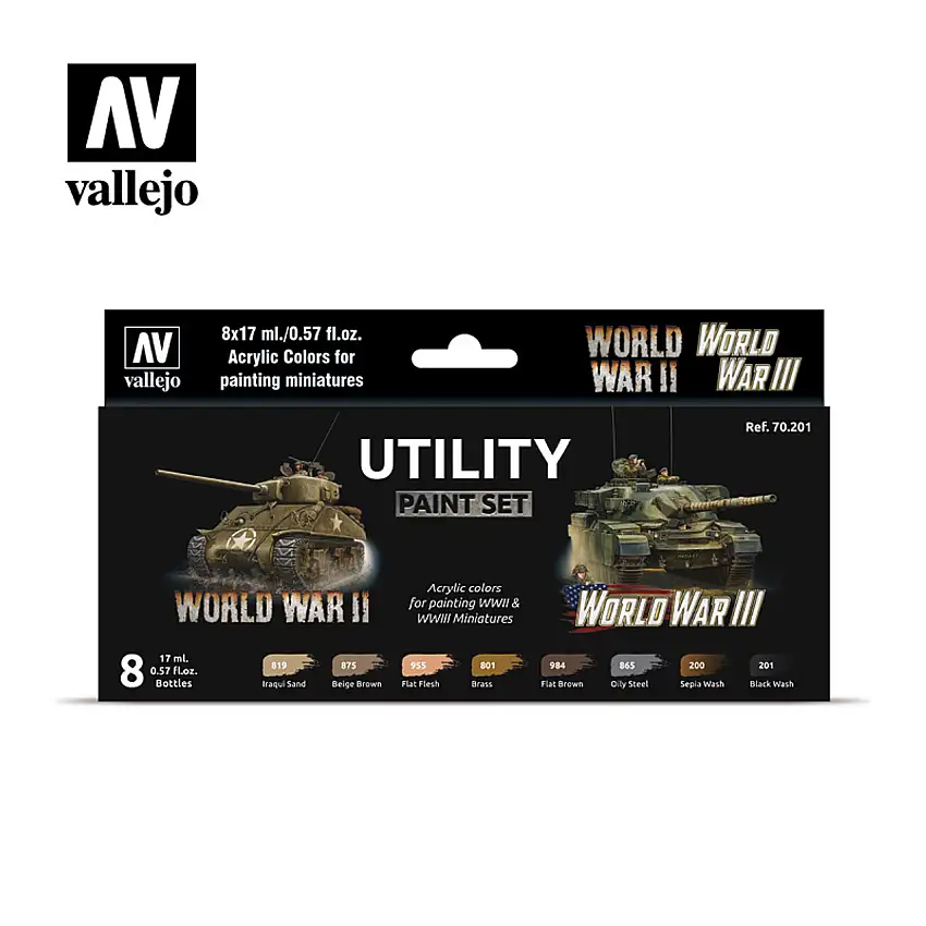 17ml Bottle Utility WWII & WWIII Wargames Paint Set (8 Colors) Vallejo Paint (VLJ70201)
