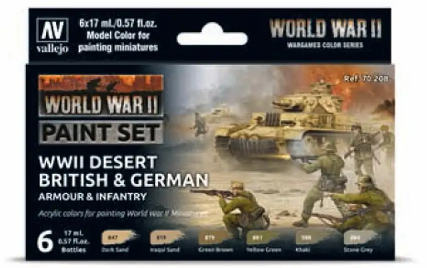 Desert British & German Armour & Infantry WWII Wargames Paint Set (6 17mL Colors) Vallejo Paint