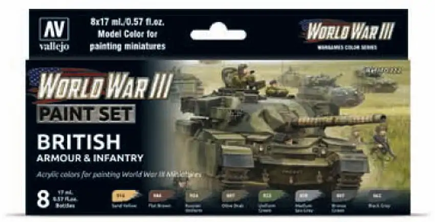 British Armour & Infantry WWIII Wargames Paint Set (8 17mL Colors) Vallejo Paint