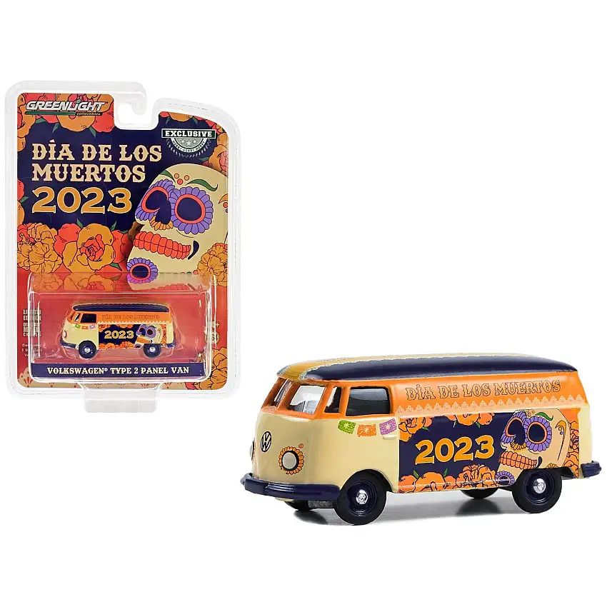 Volkswagen Type 2 Panel Van Beige and Orange with Blue Top "Dia de los Muertos 2023" "Hobby Exclusive" Series 1/64 Diecast Model Car by Greenlight
