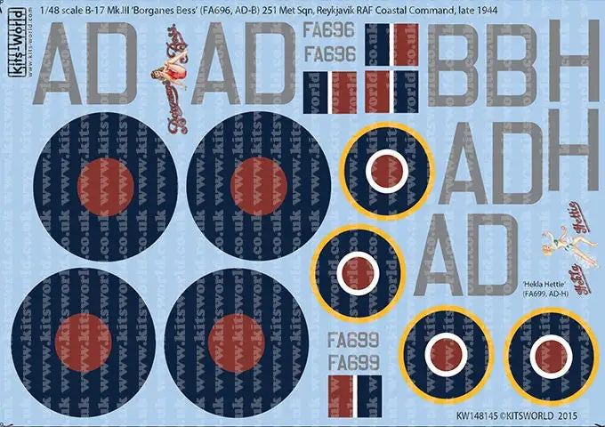 Warbird Decals (Kits World) 148145 1/48 B17 Mk III Borganes Bess, Hekla Hettie