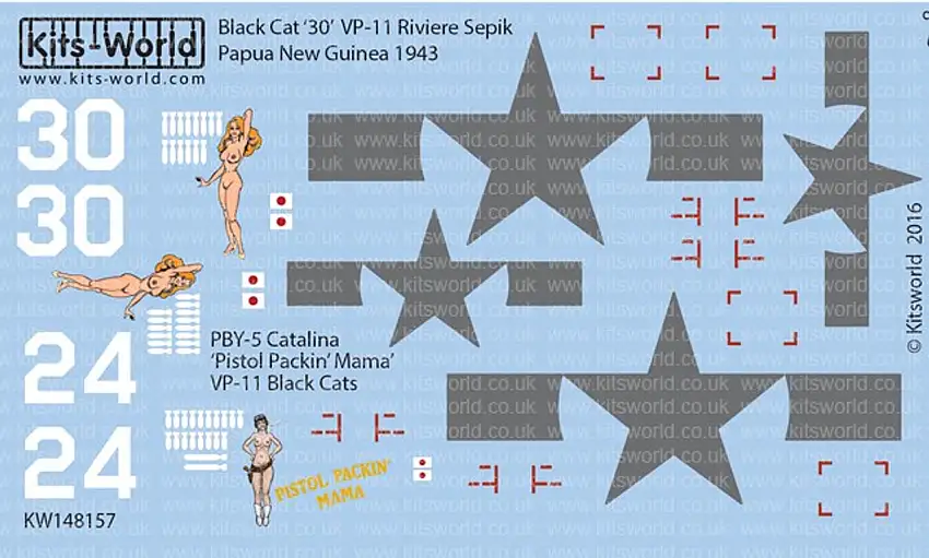 PBY-5 Catalina Black Cat 30 VP-11 Riviere Sepik Papua New Guinea 1943, Pistol Packin Mama VP-11 Black Cats 1/48 Warbird Decals