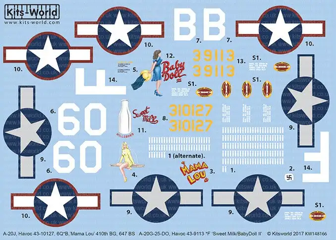 Warbird Decals 148166 1/48 A20J Havoc 60*B Mama Lou 410th BG 647 BS, A20G-25-DO F Sweet Milk/Baby Doll II 386th BS 312th BG