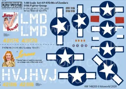 Warbird Decals 148203 1/48 P47D/M 56th FG of Zemke's Jersey Bounce LM-D 62nd FS, Lorene HV-J 61st FS Late 1943