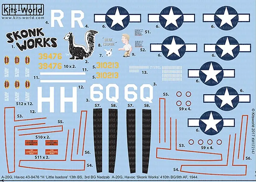 A-20G Havoc Skonk Works 410th BG/9th AF 1944, H Little Isadore 13th BS 3rd BG AF Nadzab 1/72 Warbird Decals