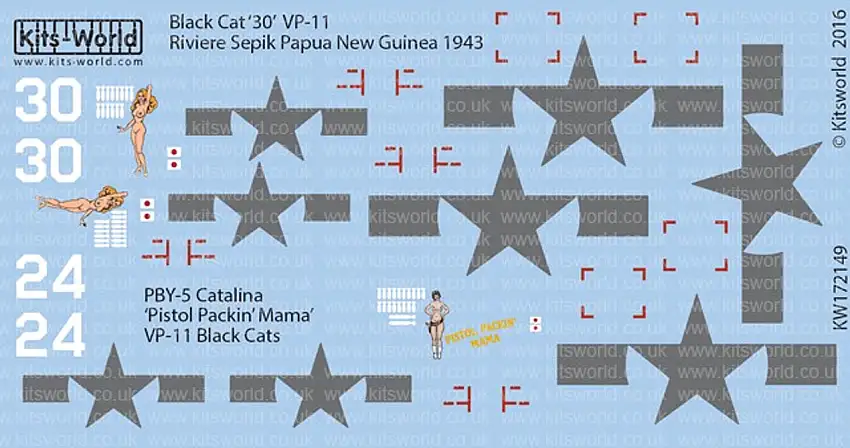 PBY-5 Catalina Black Cat 30 VP-11 Riviere Sepik Papua New Guinea 1943, Pistol Packin Mama VP-11 Black Cats 1/72 Warbird Decals