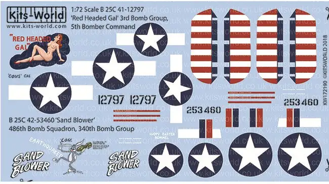 Warbird Decals 172190 1/72 B25C Red Headed Gal 3rd BG/5th BC, Sand Blower 486th BS/340th BG