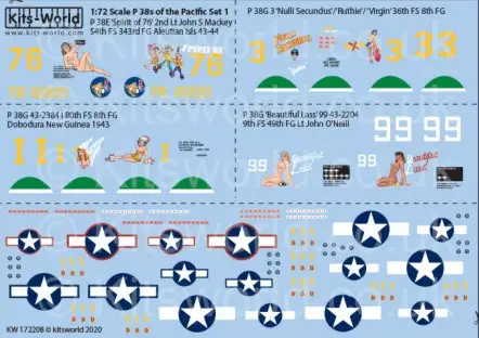 Warbird Decals (Kits World) 172208 1/72 P38E/G Spirit of 76 2nd Lt John S Mackey 54th FS 343 FG Aleutian Isls 1943-44, 3 Nulli Secundus/Ruthie/Virgin 36th FS 8th FG, I 80th FS 8th FG Dobodura New Guinea 1943, Beautiful Lass 99 9th FS 49th FG Lt John