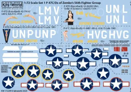 Warbird Decals 172209 1/72 P47D 56th FG of Zemke's LM-V 62nd FS/Belle of Belmont UN-L 63rd FS 1944, UN-P 63rd FS/HV-G 61st FS Late 1943