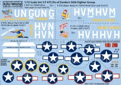 Warbird Decals 172211 1/72 P47C/D 56th FG of Zemke's Maximum Goose UN-G 62nd FS, OLe Cock HV-M 61st FS, Liberty Belle 61st FS, Powers Girl HV-H 61st FS Late 1943