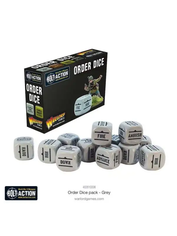 Bolt Action Orders Dice Pack with Gray Dice and Decals for Miniatures Game