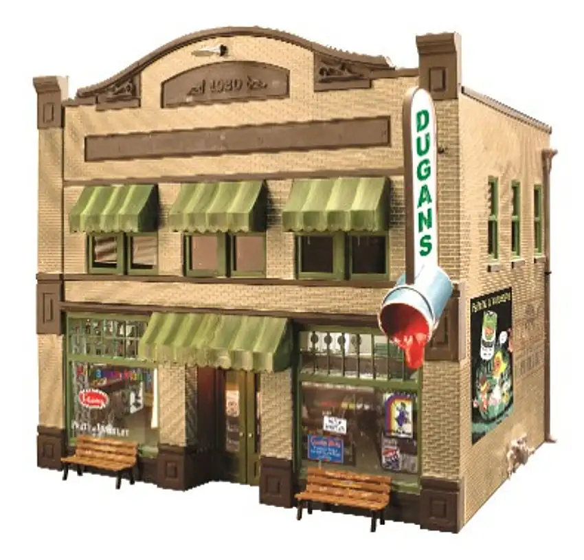 O Built-N-Ready Dugan's Paint 2-Story Building w/Installed LED Lighting O Scale Woodland Scenics